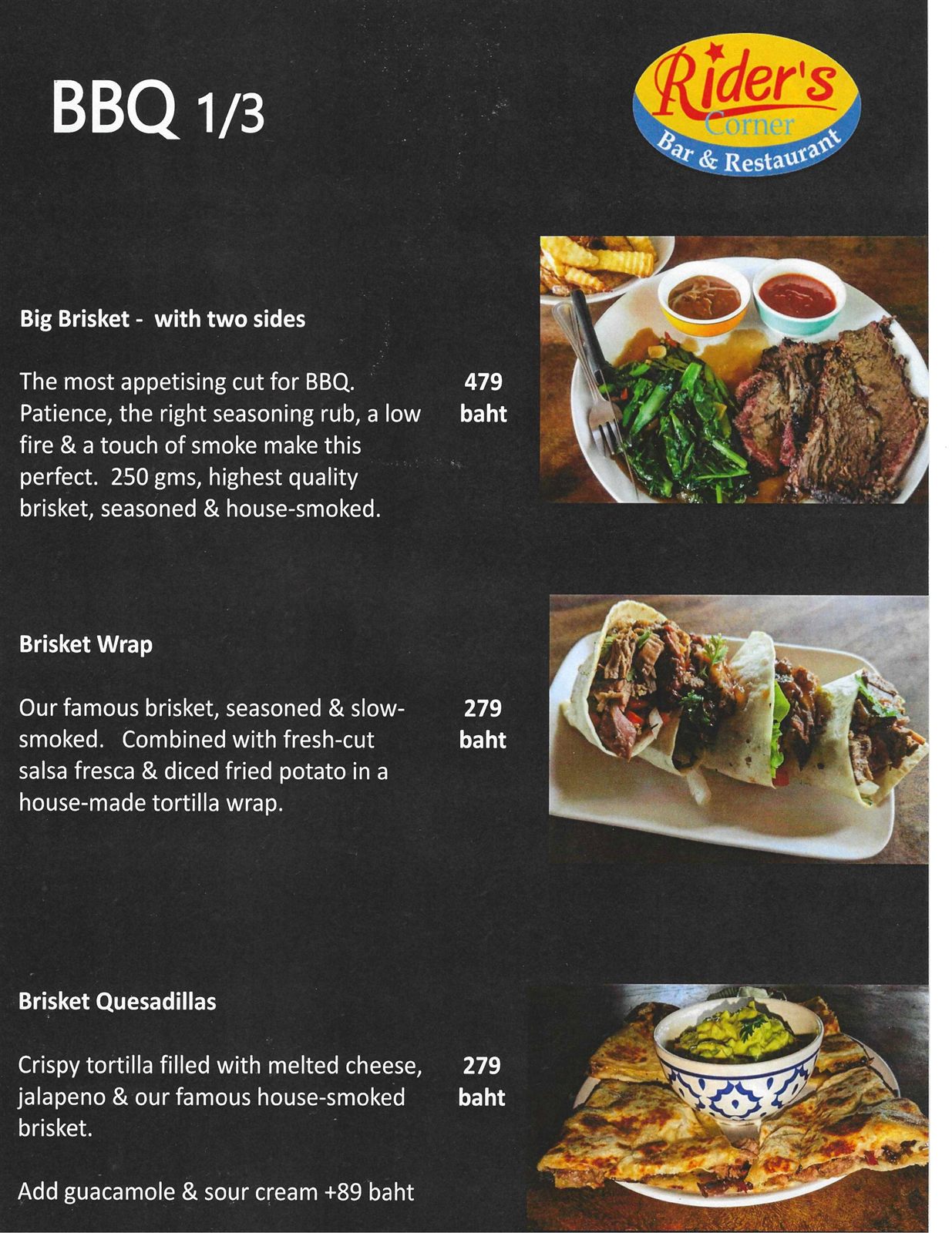 Old City Smokehouse BBQ menu (1 of 3) — Big Brisket, brisket wrap and brisket quesadillas, smoked low and slow in Chiang Mai