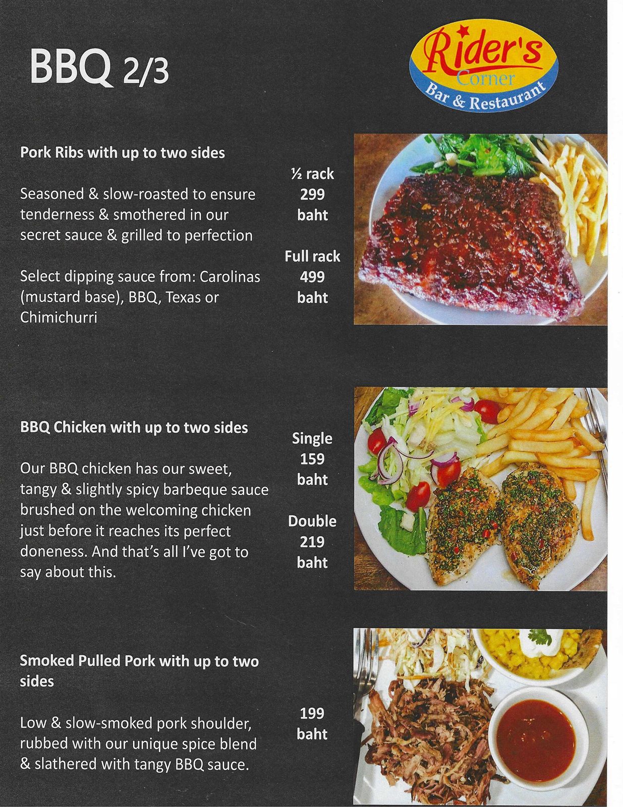 Old City Smokehouse BBQ menu (2 of 3) — pork ribs, BBQ chicken and smoked pulled pork with sides