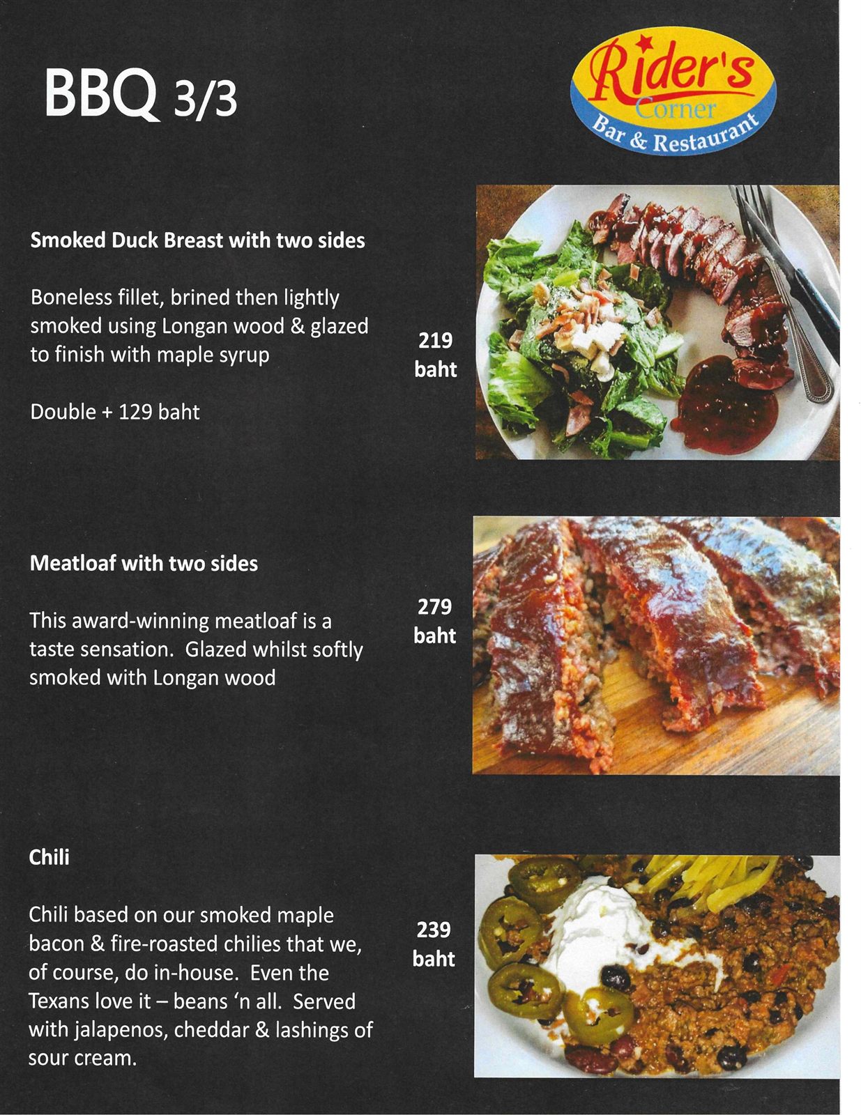 Old City Smokehouse BBQ menu (3 of 3) — smoked duck breast, smoked meatloaf and chili