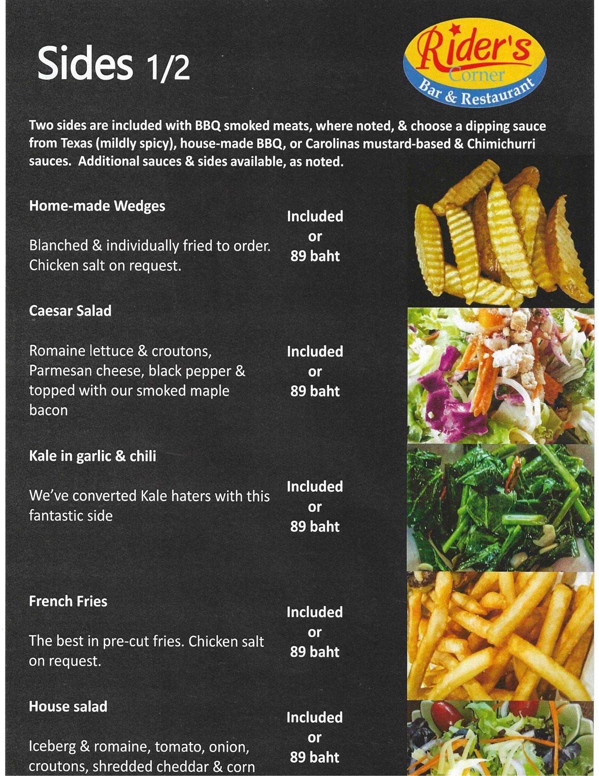 Old City Smokehouse sides menu (1 of 2) — home-made wedges, Caesar salad, kale, French fries and house salad