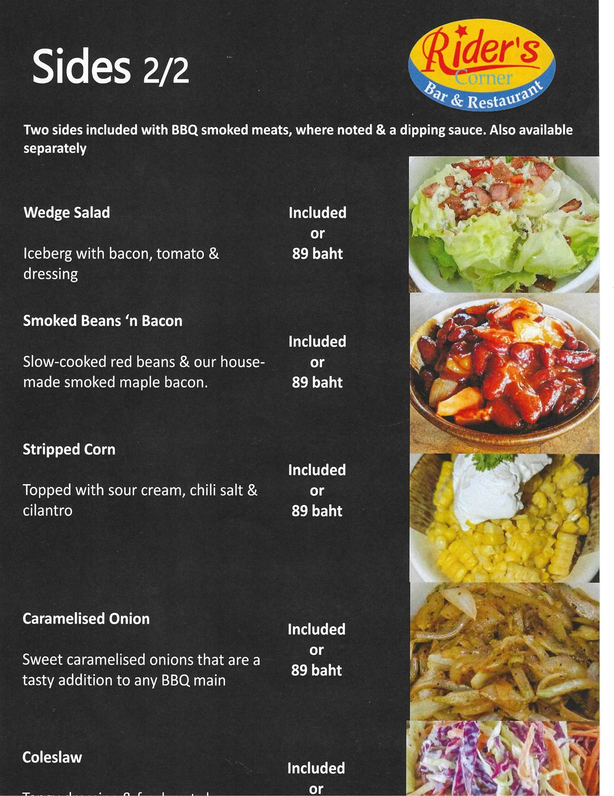 Old City Smokehouse sides menu (2 of 2) — wedge salad, smoked beans 'n bacon, stripped corn, caramelised onion and coleslaw