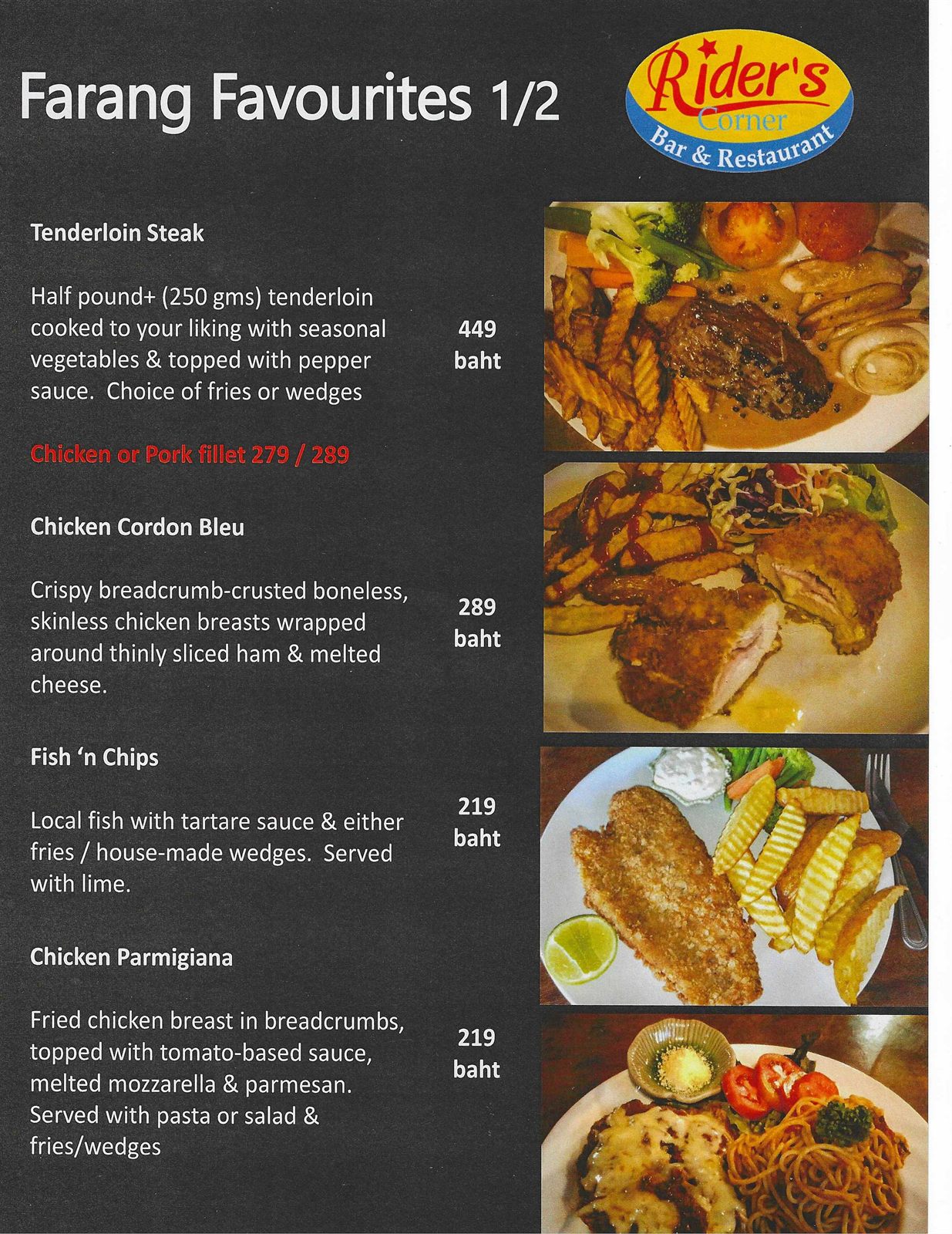 Rider's Corner Farang Favourites menu (1 of 2) — tenderloin steak, chicken cordon bleu, fish 'n chips and chicken parmigiana, Chiang Mai