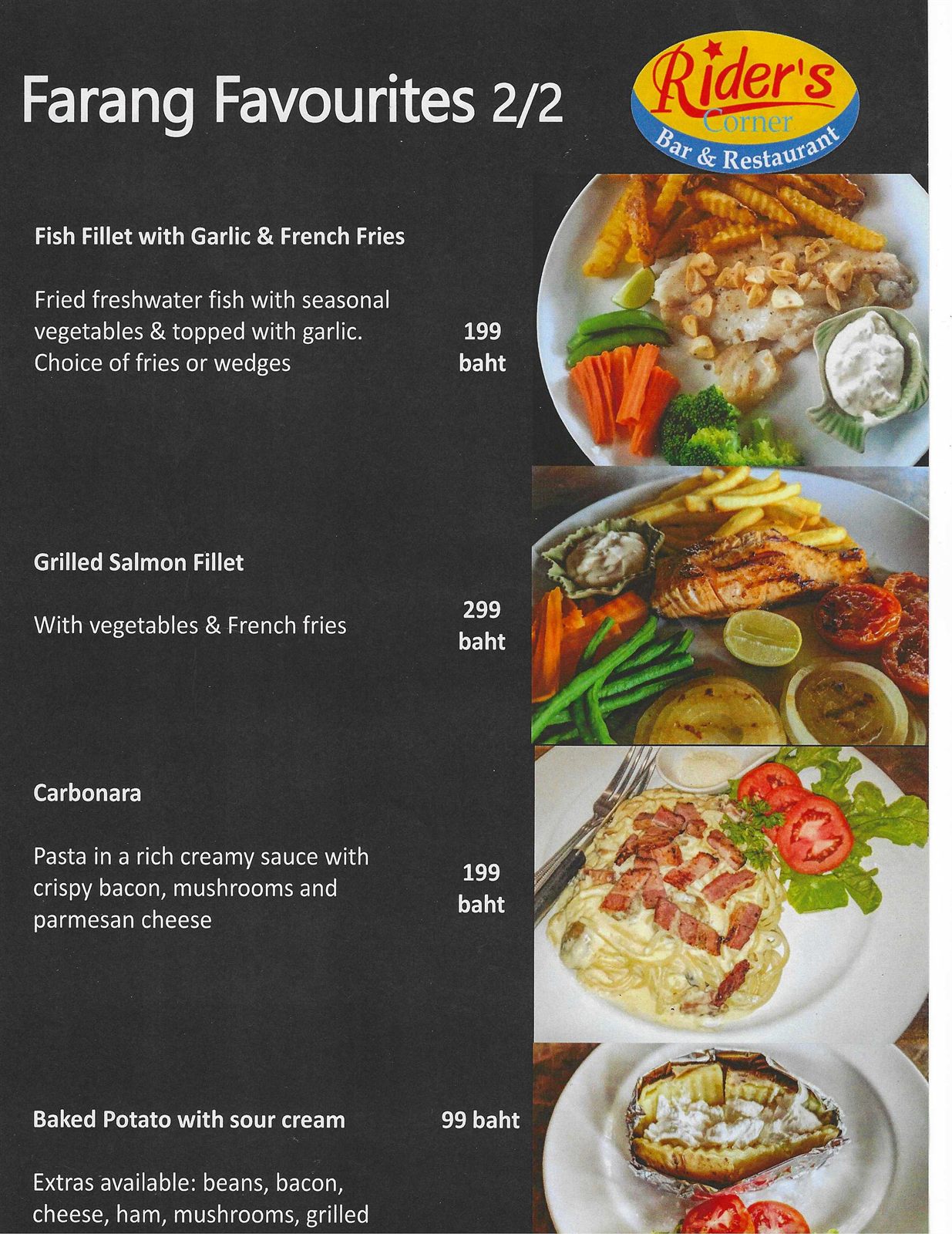 Rider's Corner Farang Favourites menu (2 of 2) — fish fillet, grilled salmon, carbonara and baked potato