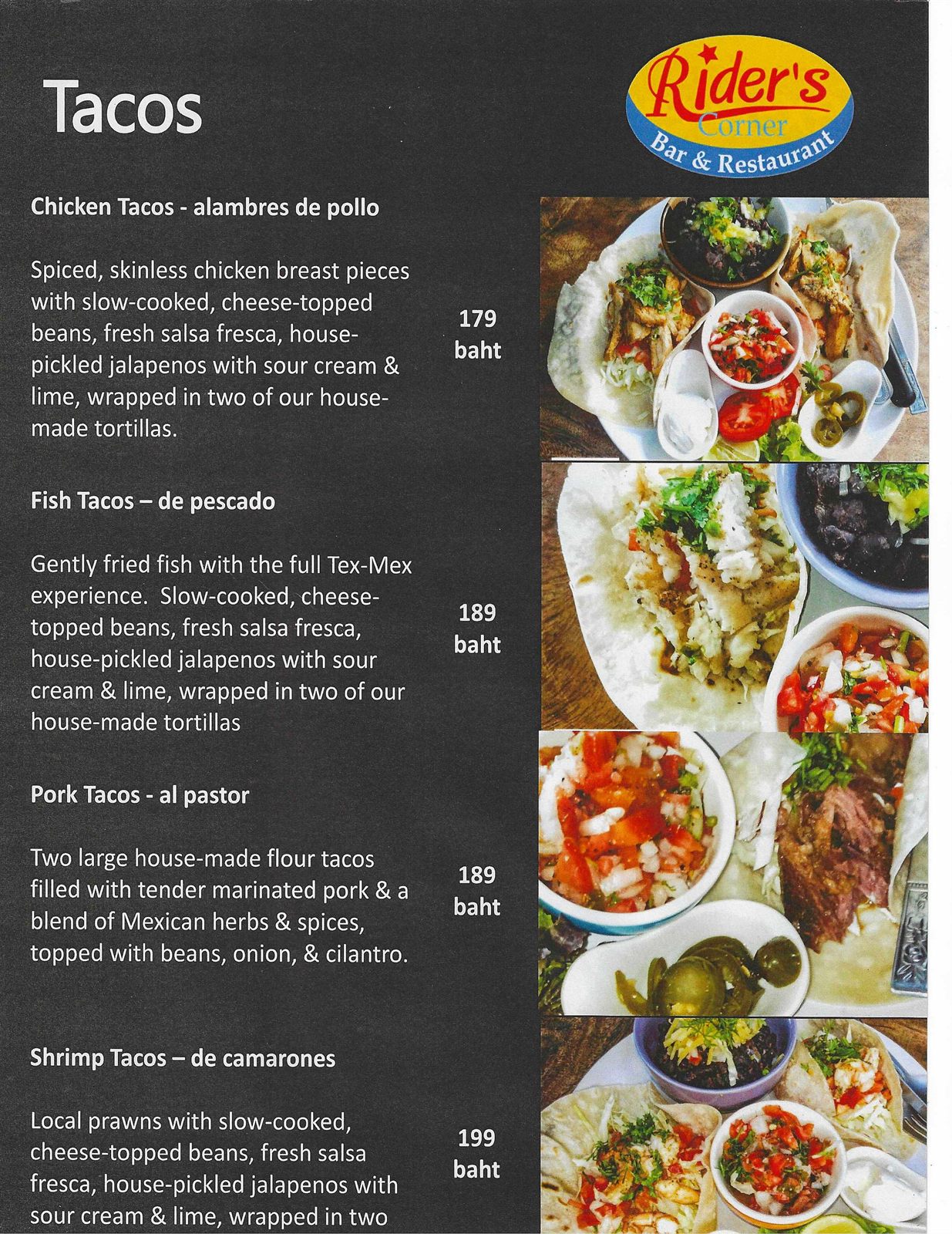 Old City Smokehouse tacos menu — chicken, fish, pork al pastor and shrimp tacos in house-made tortillas, Chiang Mai