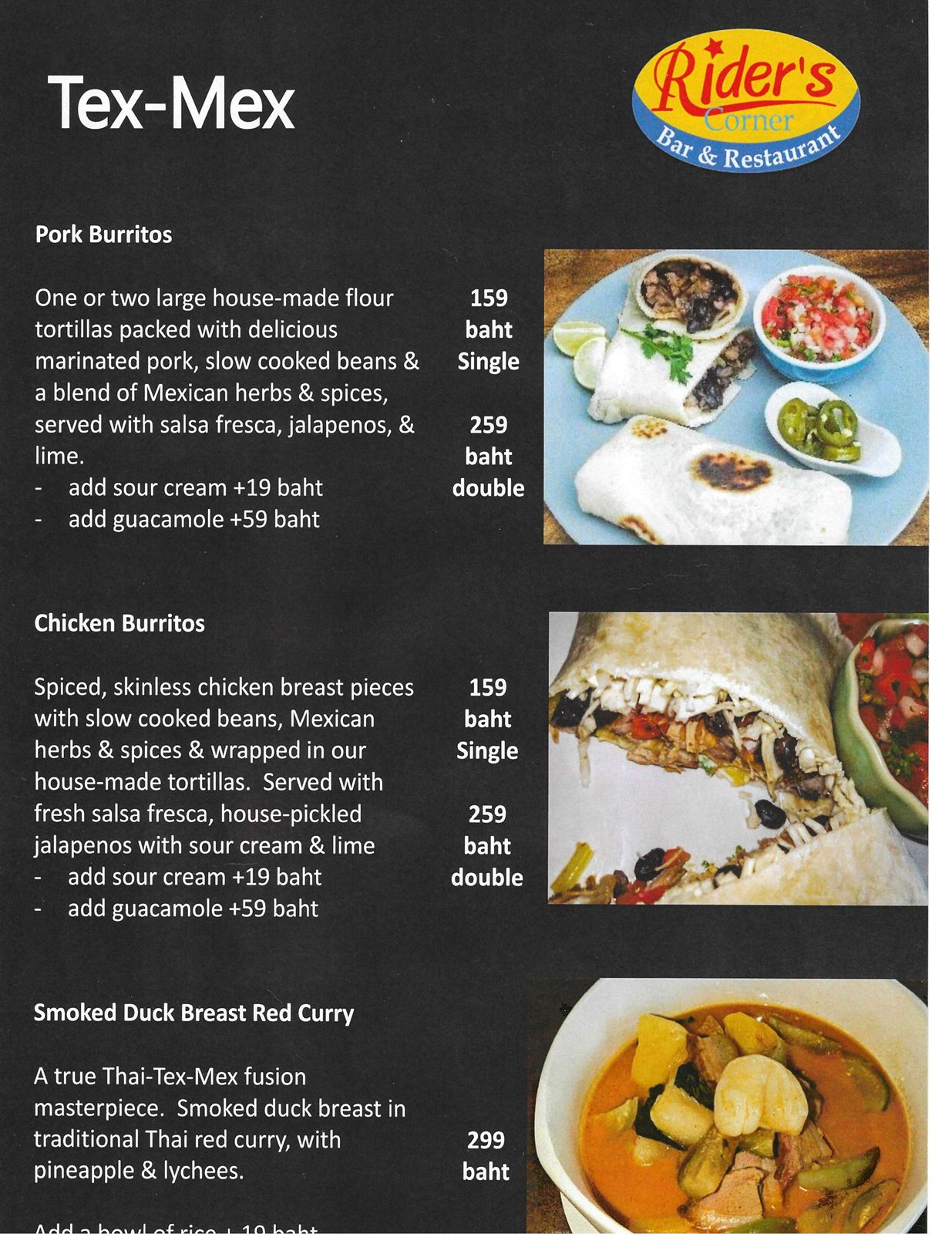 Old City Smokehouse Tex-Mex menu — pork and chicken burritos and smoked duck breast red curry