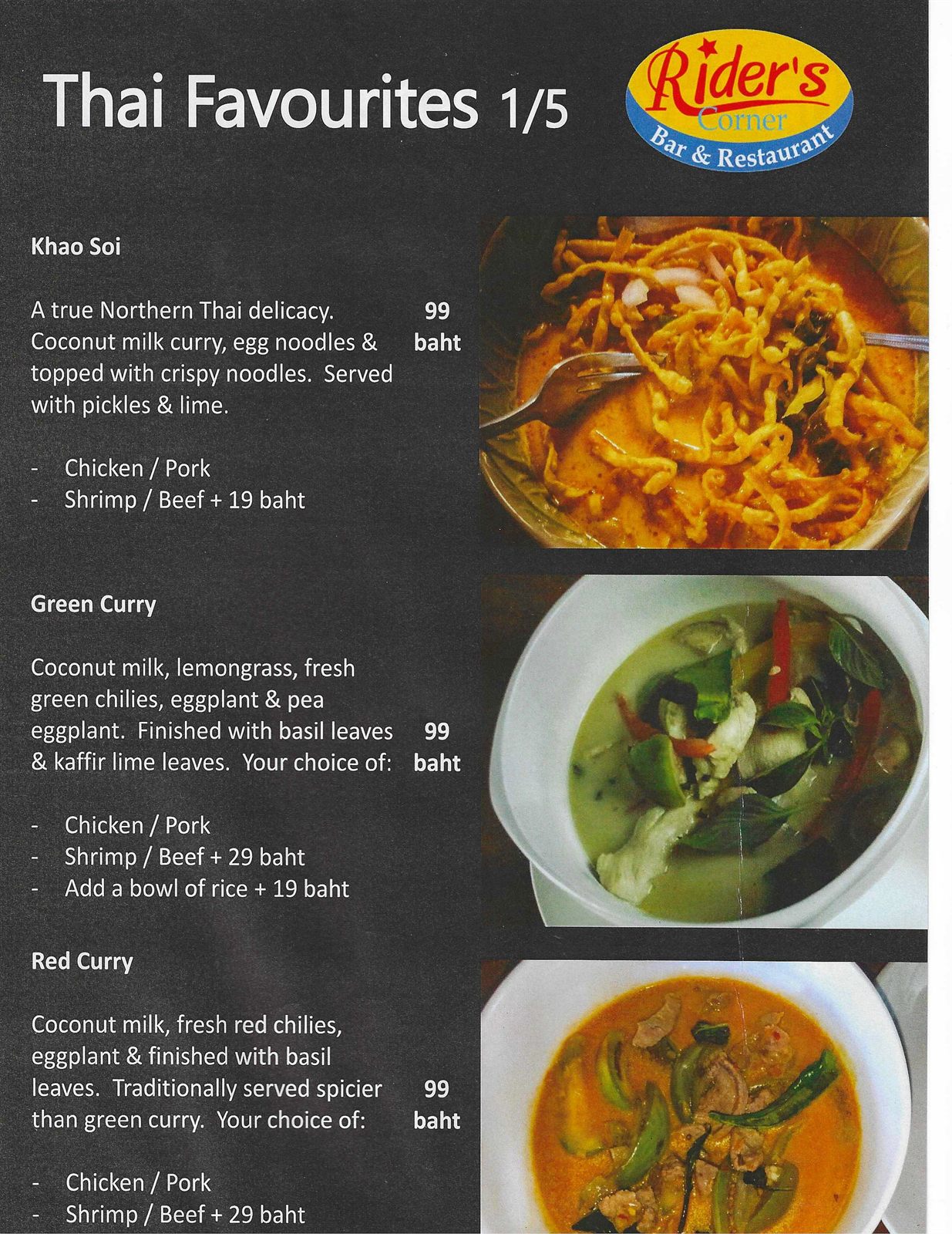 Rider's Corner Thai Favourites menu (1 of 5) — Khao Soi, green curry and red curry, Chiang Mai