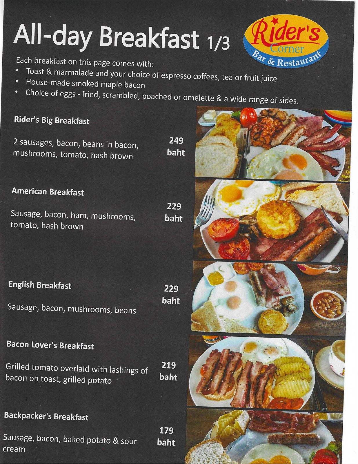 Old City Smokehouse all-day breakfast menu (1 of 3) — Rider's Big Breakfast, American, English breakfasts in Chiang Mai