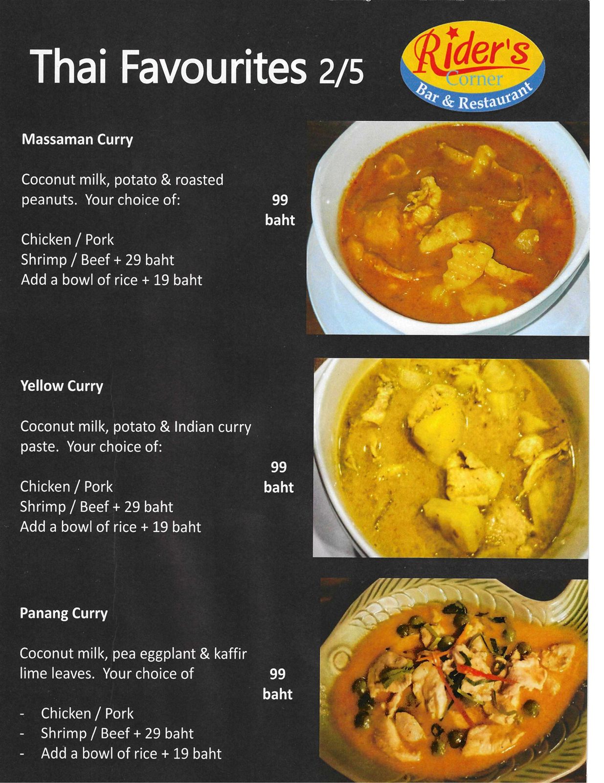 Rider's Corner Thai Favourites menu (2 of 5) — Massaman, yellow and Panang curries