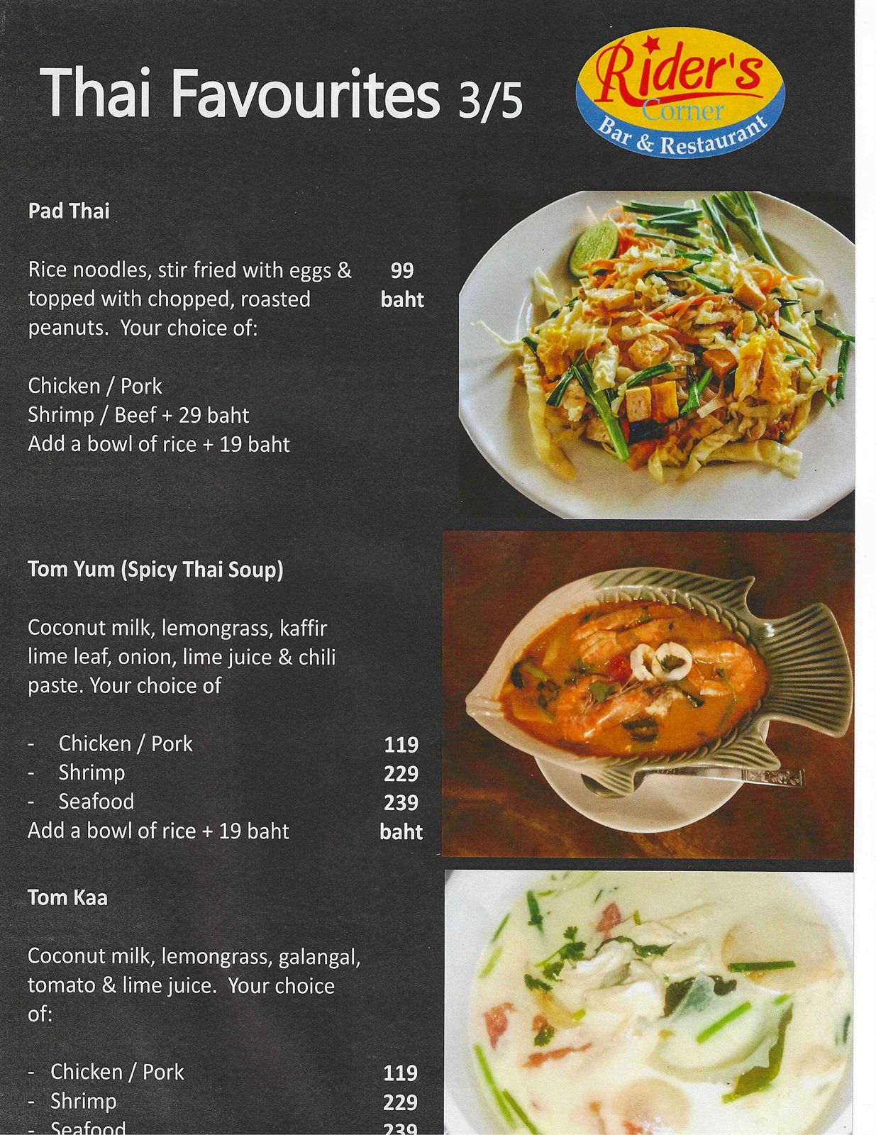 Rider's Corner Thai Favourites menu (3 of 5) — Pad Thai, Tom Yum and Tom Kaa