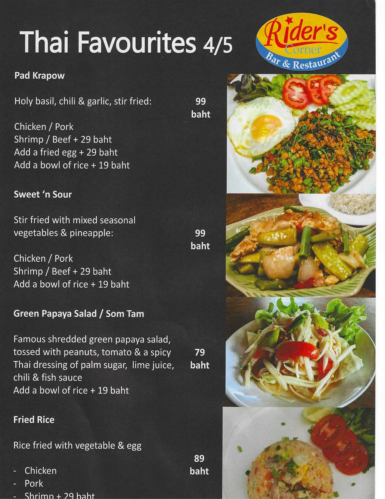 Rider's Corner Thai Favourites menu (4 of 5) — Pad Krapow, sweet 'n sour, Som Tam and fried rice