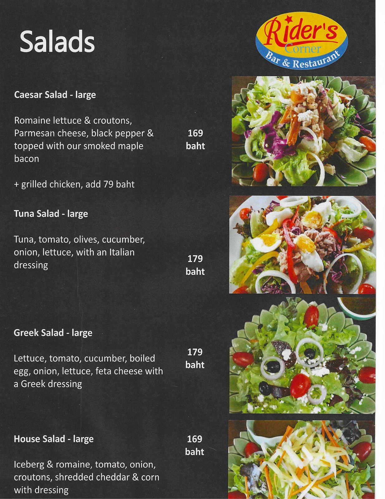 Rider's Corner salads menu — Caesar, tuna, Greek and house salads, Chiang Mai