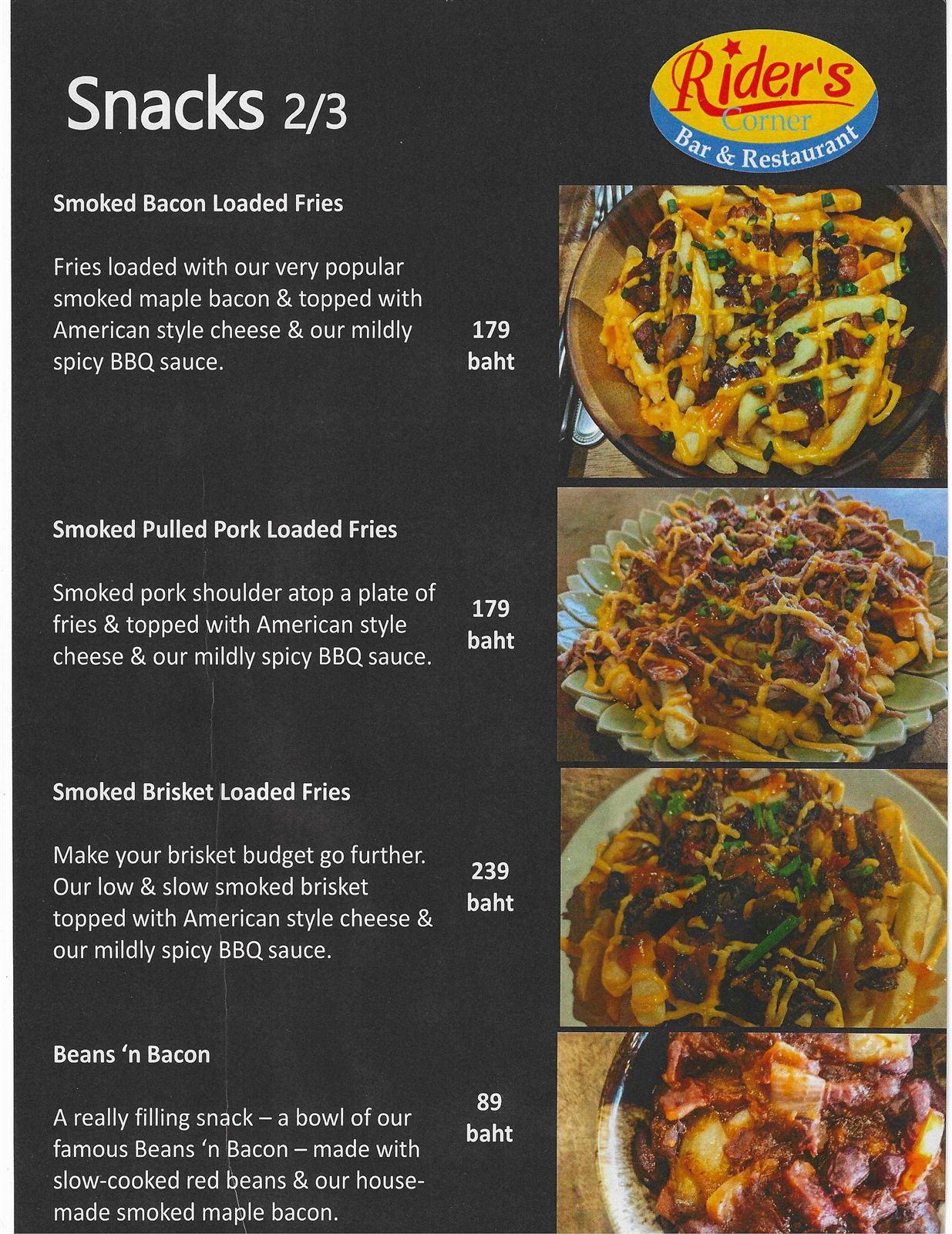 Old City Smokehouse snacks menu (2 of 3) — smoked bacon, pulled pork and brisket loaded fries and beans 'n bacon
