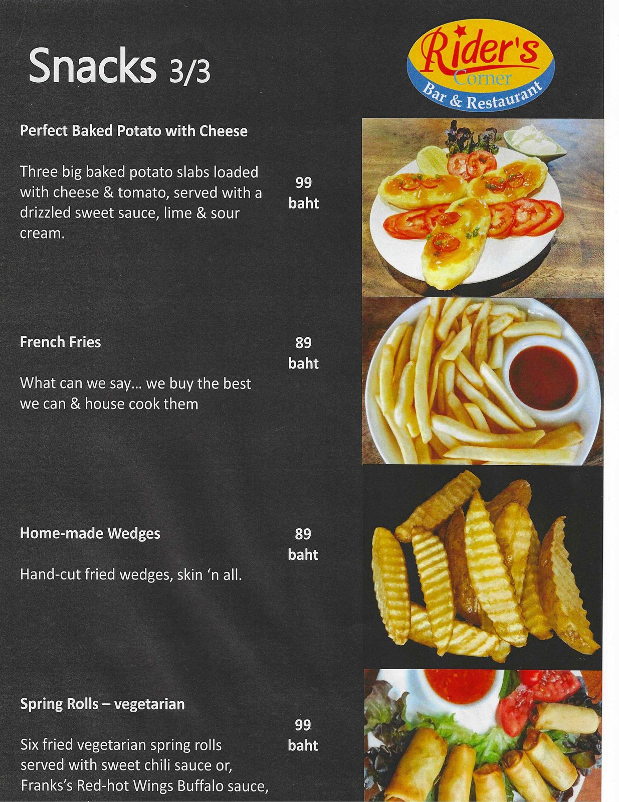 Old City Smokehouse snacks menu (3 of 3) — baked potato with cheese, French fries, wedges and vegetarian spring rolls