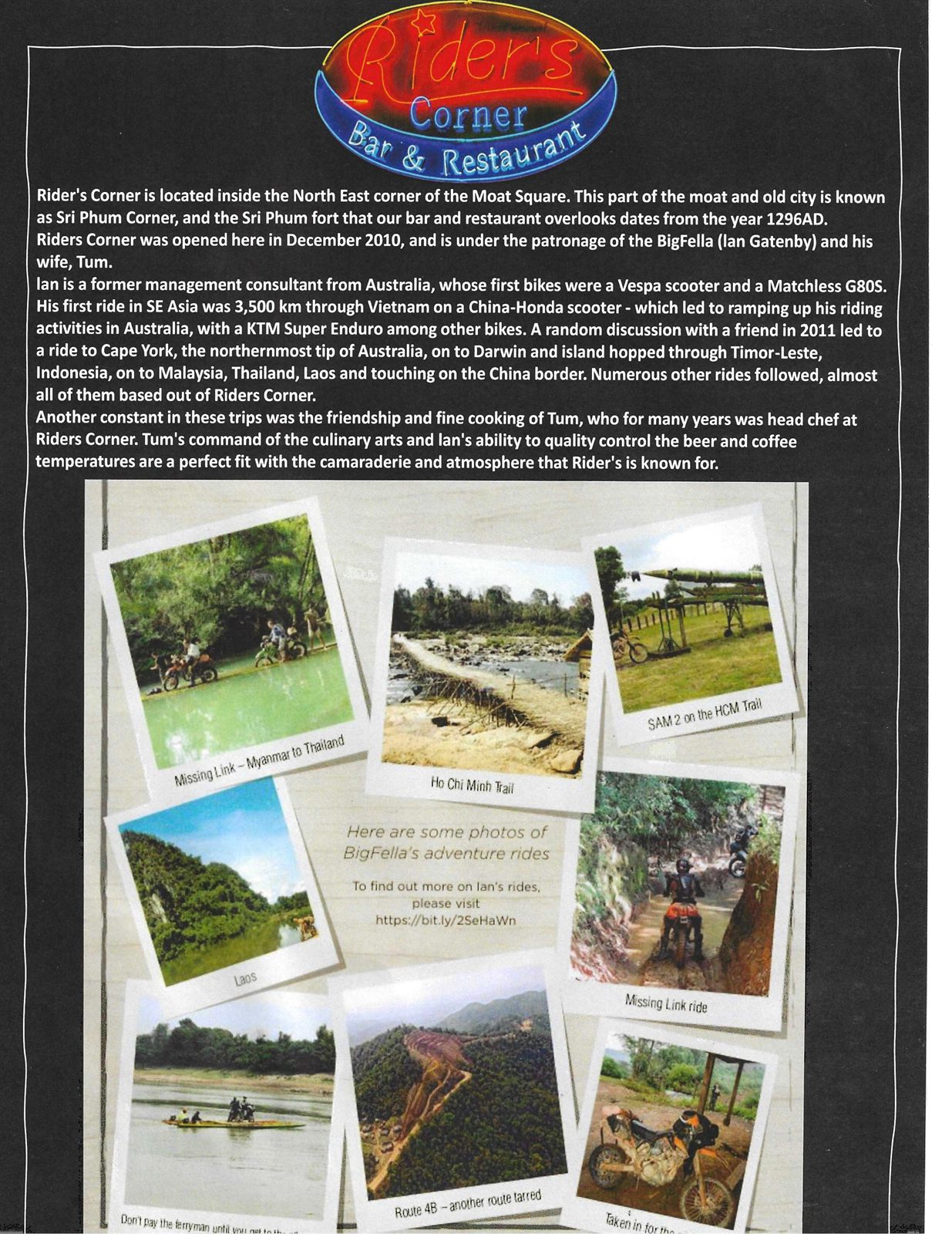 Rider's Corner story page — history of the Sri Phum Corner restaurant and BigFella's adventure rides, Chiang Mai