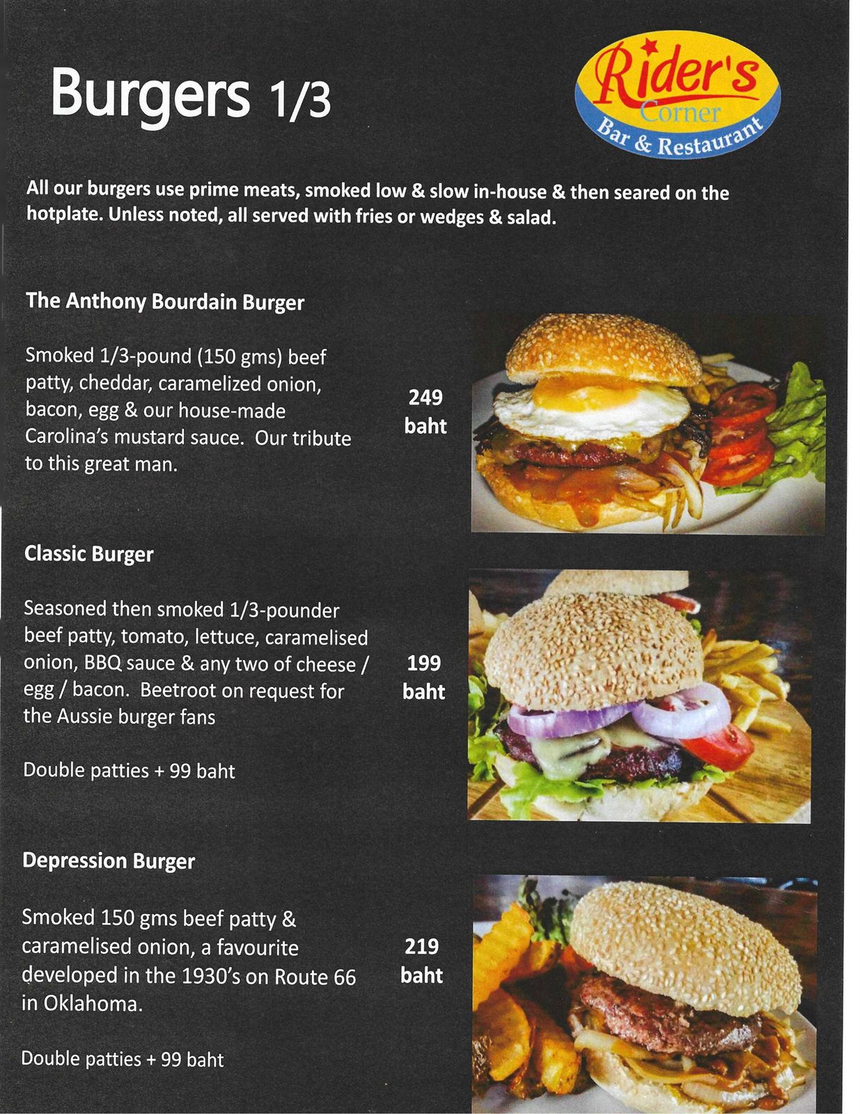 Old City Smokehouse smoked burgers menu (1 of 3) — Anthony Bourdain, Classic and Depression burgers, Rider's Corner Chiang Mai