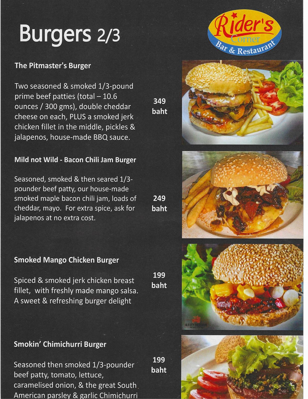 Old City Smokehouse smoked burgers menu (2 of 3) — Pitmaster's, Bacon Chili Jam, Smoked Mango Chicken and Chimichurri burgers