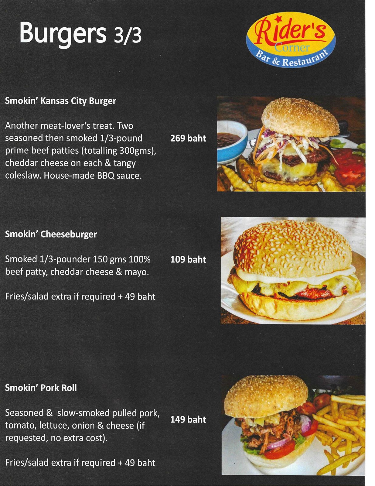 Old City Smokehouse smoked burgers menu (3 of 3) — Kansas City burger, cheeseburger and smoked pork roll