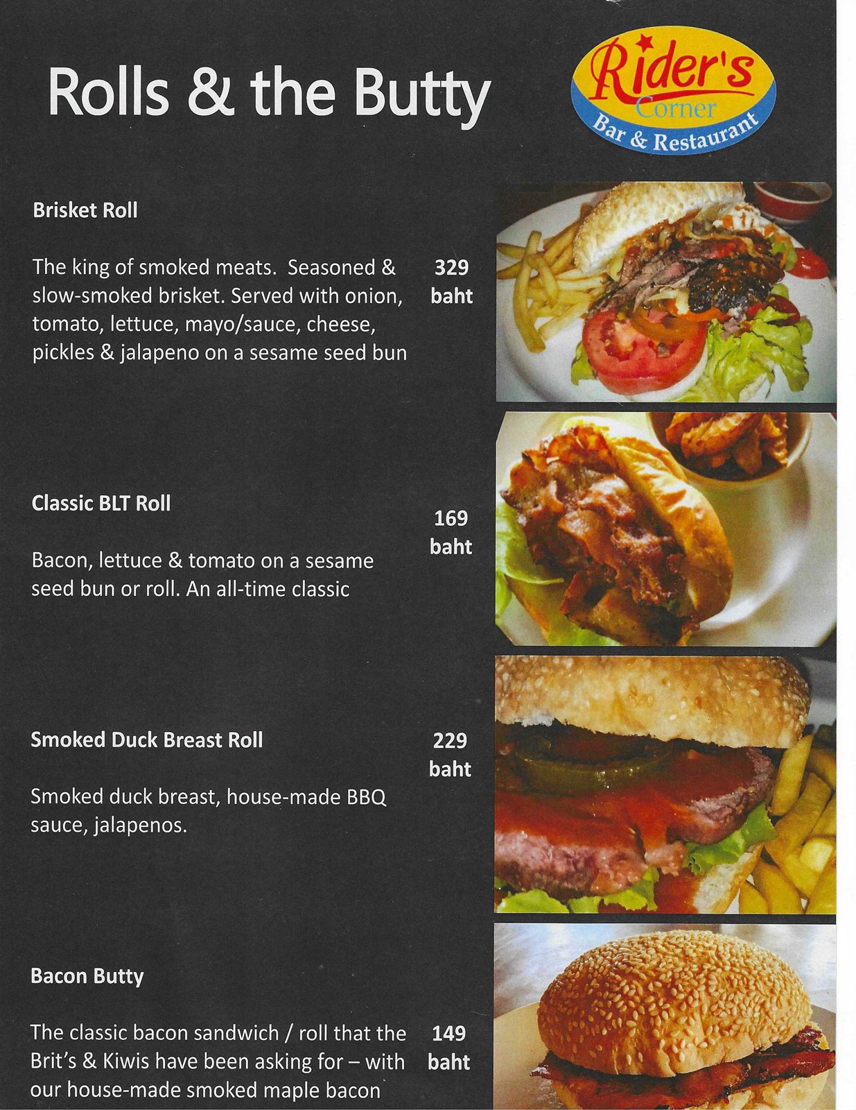 Old City Smokehouse rolls and butties menu — brisket roll, BLT, smoked duck breast roll and bacon butty