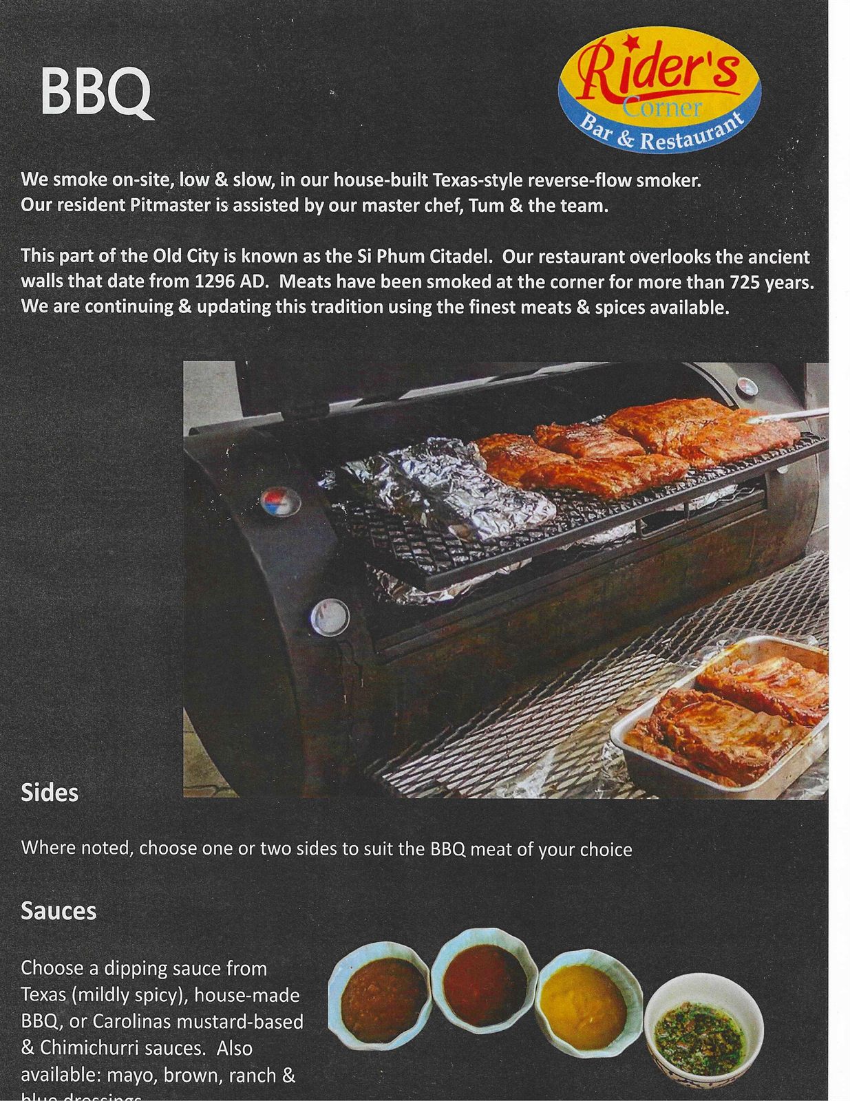 Old City Smokehouse BBQ story page — Texas-style reverse-flow smoker, sides and house-made sauces, Si Phum Citadel Chiang Mai