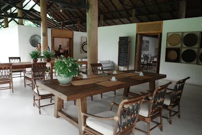 Long timber table laid for tea under a high bamboo roof