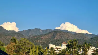 Long forested ridge above palms and the white buildings of the town