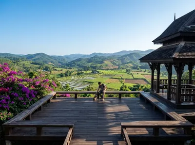 Man sitting on a timber viewing deck above flowering shrubs and open hills