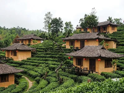 Clay cottages with tiled roofs stepping up a hillside of tea terraces at Ban Rak Thai