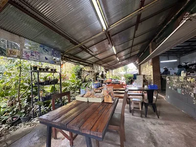 Tin-roofed open shop with a long timber table, orchid racks and baskets of snacks