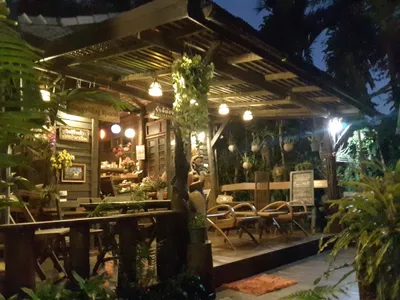 Lamplit timber cafe pavilion surrounded by ferns and hanging plants at night