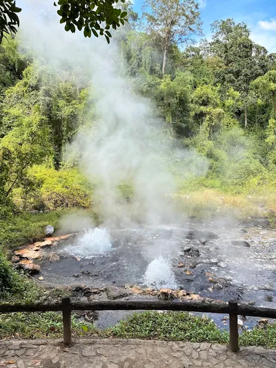 Steam and spouting water rising from a geyser pool behind a wooden rail