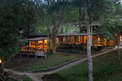 Lamplit timber pavilions and a lawn among tall trees at dusk