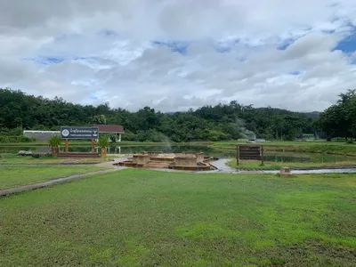 Steam rising from tiered concrete spring pools on a lawn